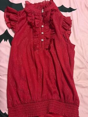 Red Ruffled Sleeveless Blouse with Built-in Camisole